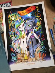 Size: 900x1200 | Tagged: safe, artist:andy price, king sombra, princess celestia, alicorn, pony, unicorn, g4, always, eye contact, female, good king sombra, looking at each other, male, ship:celestibra, shipping, straight, tanabata, traditional art, wishing garden