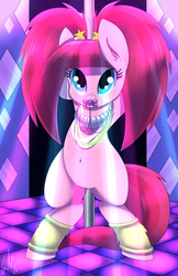 Size: 1298x2000 | Tagged: safe, artist:matimus91, pacific glow, earth pony, pony, g4, adorasexy, armpits, belly button, bipedal, cute, female, looking at you, pacifier, pole, sexy, solo, stripper pole
