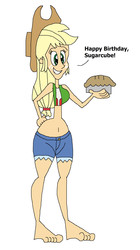 Size: 1229x2189 | Tagged: safe, artist:haleyc4629, artist:hunterxcolleen, applejack, equestria girls, g4, barefoot, belly button, clothes, dialogue, feet, food, pie, simple background, white background