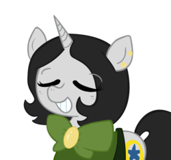 Size: 1501x1407 | Tagged: safe, artist:ficficponyfic, edit, vector edit, oc, oc only, oc:joyride, pony, unicorn, colt quest, adult, bowtie, clothes, color, cutie mark, ear piercing, eyes closed, female, grin, horn, mantle, mare, piercing, simple background, smiling, solo, teeth, transparent background, unicorn oc, vector
