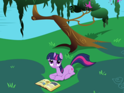 Size: 800x600 | Tagged: safe, screencap, twilight sparkle, pony, unicorn, friendship is magic, g4, book, book of harmony, female, grass, looking up, mare, meadow, overhead view, pond, sitting, solo, tree, unicorn twilight