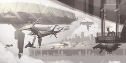 Size: 1000x500 | Tagged: safe, artist:xennos, airship, alternate universe, futuristic, monochrome, science fiction, wip