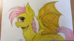 Size: 1023x575 | Tagged: safe, artist:ognevitsa, fluttershy, bat pony, pony, g4, female, flutterbat, race swap, solo, traditional art