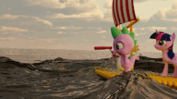 Size: 851x476 | Tagged: safe, artist:tjeb, spike, twilight sparkle, dragon, pony, g4, 3d, animated, blender, boat, female, island, male, mare, ocean, water, wave