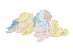 Size: 1729x1217 | Tagged: safe, artist:ruushiicz, applejack, rainbow dash, pony, g4, cuddling, eyes closed, female, lesbian, mare, ship:appledash, shipping, sleeping, snuggling, traditional art