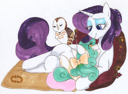 Size: 3219x2371 | Tagged: safe, artist:frozensoulpony, rarity, oc, oc:jade luck, owl, g4, adopted offspring, high res, mother and daughter, parent:rarity