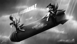 Size: 1250x725 | Tagged: safe, artist:jamescorck, oc, oc only, oc:movie slate, atomic bomb, dr. strangelove, nuclear weapon, riding a bomb, weapon