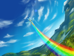 Size: 2048x1556 | Tagged: safe, artist:loveland168, rainbow dash, g4, cloud, female, flying, grass, mountain, rainbow trail, scenery, sky, solo