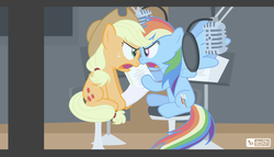 Size: 960x550 | Tagged: safe, artist:dm29, applejack, rainbow dash, earth pony, pegasus, pony, g4, ashleigh ball, duo, duo female, female, mare, recording studio, voice acting, voice actor joke