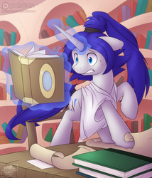 Size: 750x875 | Tagged: safe, artist:skyheavens, oc, oc only, oc:sally, pony, book, clothes, glowing horn, horn, magic, parchment, patreon, patreon logo, ponified, solo, telekinesis