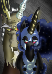 Size: 2480x3507 | Tagged: safe, artist:alcasar-reich, discord, nightmare moon, g4, high res, ship:nightmarecord, shipping