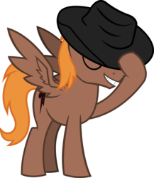 Size: 1896x2181 | Tagged: safe, artist:outlawedtofu, oc, oc only, oc:calamity, pegasus, pony, fallout equestria, fanfic, fanfic art, hat, hat tip, male, simple background, smiling, solo, stallion, transparent background, vector, wings