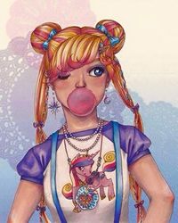 Size: 316x395 | Tagged: safe, artist:horohorogirl666, princess cadance, g4, barely pony related, bubblegum, clothes, ear piercing, earring, food, gum, jewelry, one eye closed, piercing, sailor moon (series), shirt, tsukino usagi, wink