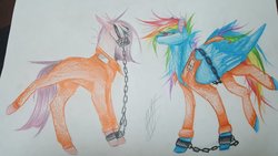 Size: 1024x576 | Tagged: safe, artist:misticelis, pinkie pie, rainbow dash, g4, bound wings, chains, clothes, duo, gag, muzzle gag, pinkamena diane pie, prison outfit, prisoner, prisoner rd, shackles