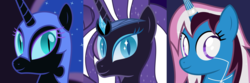 Size: 12288x4096 | Tagged: safe, artist:parclytaxel, nightmare moon, nightmare rarity, oc, oc:parcly taxel, alicorn, pony, albumin flask, g4, .svg available, absurd resolution, alicorn oc, blank eyes, corrupted, dark triad, looking at you, machiavellianism, narcissism, nightmare parcly, nightmarified, portrait, psychopathy, smiling, vector