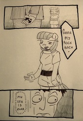 Size: 706x1024 | Tagged: safe, artist:grinwild, boulder (g4), maud pie, human, anthro, g4, comic, monochrome, sweat