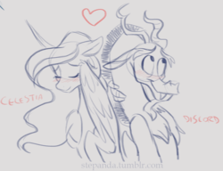 Size: 865x666 | Tagged: safe, artist:stepandy, discord, princess celestia, g4, blushing, female, male, monochrome, ship:dislestia, shipping, straight