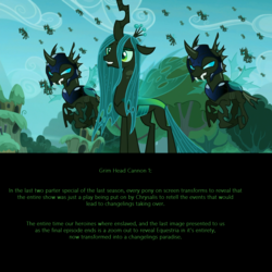 Size: 1600x1600 | Tagged: safe, edit, edited screencap, screencap, queen chrysalis, changeling, changeling queen, g4, the cutie re-mark, bad end, female, headcanon, text