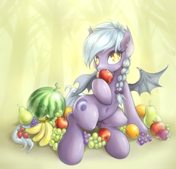 Size: 1280x1231 | Tagged: safe, artist:mlpanon, oc, oc only, oc:sonar, bat pony, pony, apple, banana, belly button, braid, food, fruit, grapes, herbivore, looking at you, orange, pear, solo, strawberry, watermelon