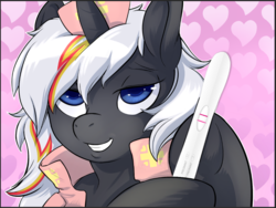 Size: 938x704 | Tagged: safe, artist:halley-valentine, edit, oc, oc only, oc:velvet remedy, pony, unicorn, fallout equestria, bedroom eyes, clothes, fanfic, fanfic art, female, grin, hat, hooves, horn, mare, meme, nurse, pregnancy test, smiling, solo, teeth
