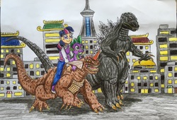 Size: 2657x1809 | Tagged: safe, artist:bozzerkazooers, spike, twilight sparkle, kaiju, equestria girls, g4, baragon, city, crossover, giantess, godzilla, godzilla (series), humanized, macro, traditional art