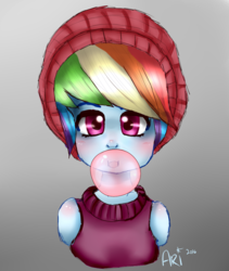 Size: 785x929 | Tagged: safe, artist:ari090, rainbow dash, equestria girls, g4, alternate hairstyle, beanie, bubblegum, clothes, female, food, gum, hat, looking at you, sketch, solo