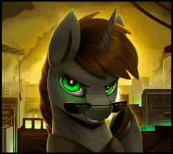 Size: 600x535 | Tagged: safe, artist:rodrigues404, oc, oc only, oc:order compulsive, pony, animated, city, epic, evil, fire, smiling, smoke, sunglasses