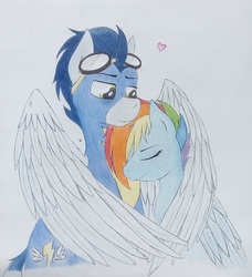 Size: 1750x1920 | Tagged: safe, artist:fernixx, rainbow dash, soarin', pony, g4, alternate hairstyle, clothes, female, heart, hug, male, ship:soarindash, shipping, straight, traditional art, winghug, wonderbolts uniform