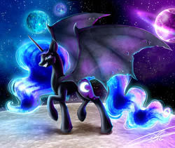 Size: 1600x1350 | Tagged: safe, artist:yummiestseven65, nightmare moon, bat pony, pony, g4, bat wings, female, fluffy, glowing mane, grin, looking at you, moon, planet, raised hoof, raised leg, smiling, smirk, solo, space, stars