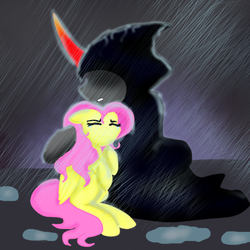 Size: 700x700 | Tagged: safe, artist:xiolyeca, fluttershy, king sombra, g4, clothes, comforting, female, hoodie, male, protecting, rain, sad, ship:sombrashy, shipping, straight