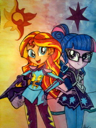 Size: 1024x1365 | Tagged: safe, artist:berrydiamond93, sci-twi, sunset shimmer, twilight sparkle, equestria girls, g4, my little pony equestria girls: friendship games, clothes, traditional art, watermark