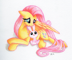 Size: 832x697 | Tagged: safe, artist:willow141, angel bunny, fluttershy, g4, prone, simple background, traditional art