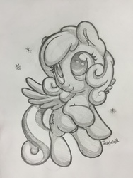 Size: 2448x3264 | Tagged: safe, artist:bobdude0, oc, oc only, oc:snowdrop, pony, commission, cute, daaaaaaaaaaaw, ear fluff, flying, high res, monochrome, ocbetes, pencil drawing, smiling, snow, snowbetes, snowflake, solo, spread wings, traditional art, weapons-grade cute