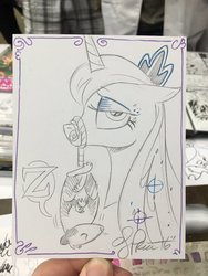 Size: 900x1200 | Tagged: safe, artist:andypriceart, princess luna, tiberius, alicorn, opossum, pony, g4, female, luna is not amused, solo, traditional art, z