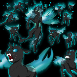 Size: 1771x1771 | Tagged: safe, artist:schokocream, queen chrysalis, changeling, changeling queen, g4, black background, changeling swarm, female, flying, gritted teeth, growling, scar, simple background