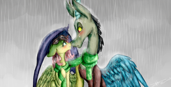 Size: 7200x3653 | Tagged: safe, artist:loladotz, discord, fluttershy, g4, absurd resolution, blushing, clothes, female, male, rain, scarf, ship:discoshy, shipping, straight, wet