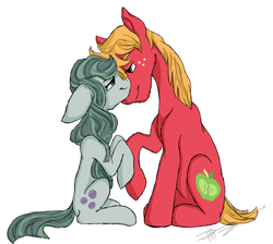 Size: 1024x919 | Tagged: safe, artist:loladotz, big macintosh, marble pie, earth pony, pony, g4, floppy ears, male, nuzzling, ship:marblemac, shipping, simple background, sitting, stallion, straight