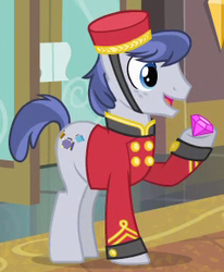 Size: 239x290 | Tagged: safe, screencap, welcome inn, earth pony, pony, g4, rarity takes manehattan, background pony, bellhop, bellhop pony, diamond, gem, male, solo, stallion