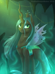 Size: 1000x1333 | Tagged: safe, artist:thebluedreammaker, queen chrysalis, changeling, changeling queen, g4, crown, female, jewelry, looking at you, regalia, smiling, solo