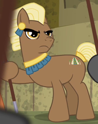 Size: 322x407 | Tagged: safe, screencap, boulder crush, cottonwood spear, earth pony, pony, daring don't, g4, aztec, background pony, cropped, hoof hold, male, solo focus, stallion, tribal pony