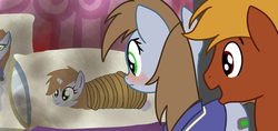 Size: 1826x865 | Tagged: safe, artist:neuro, oc, oc only, oc:calamity, oc:littlepip, pegasus, pony, unicorn, fallout equestria, g4, stranger than fan fiction, blushing, body pillow, body pillow meme, clothes, fanfic, fanfic art, female, hooves, horn, jumpsuit, male, mare, pillow, rope, stallion, tied up, vault suit