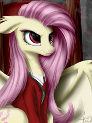Size: 2160x2881 | Tagged: dead source, safe, artist:aurelleah, fluttershy, bat pony, pony, g4, alushy, angry, badass, clothes, crossover, detailed, female, flutterbadass, flutterbat, frown, glare, high res, looking away, race swap, realistic, reflection, solo, throne