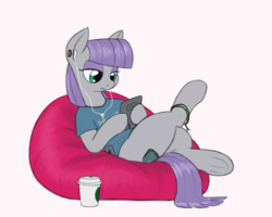 Size: 1373x1098 | Tagged: safe, artist:trickydick, maud pie, earth pony, semi-anthro, g4, beanbag chair, clothes, coffee, crossed legs, cute, ear piercing, earbuds, eyeshadow, female, frog (hoof), gauges, hipster, makeup, maudabetes, on back, piercing, solo, starbucks, t-shirt, tablet, underhoof