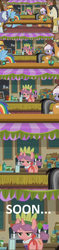 Size: 1640x6968 | Tagged: safe, artist:magicnova, edit, edited screencap, screencap, burning passion, carrot bun, clean brim, escoba verde, lavender sunrise, quibble pants, rainbow dash, g4, stranger than fan fiction, background pony, caption, clothes, hat, image macro, juice, las pegasus resident, meme, smiling, some men just want to watch the world burn, soon, unnamed character, unnamed pony, when she smiles