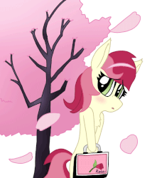 Size: 600x700 | Tagged: safe, artist:dragonpone, derpibooru exclusive, roseluck, earth pony, pony, animated, blushing, cherry blossoms, cherry tree, chest fluff, female, lunchbox, mare, shy, simple background, solo, tree