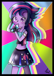 Size: 595x841 | Tagged: safe, artist:foxxy00candy, twilight sparkle, equestria girls, g4, blushing, clothes, cute, female, microphone, midriff, pleated skirt, singing, skirt, solo