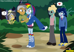 Size: 5279x3721 | Tagged: safe, artist:conikiblasu-fan, daring do, quibble pants, rainbow dash, soarin', zephyr breeze, equestria girls, g4, stranger than fan fiction, absurd resolution, blushing, boots, bridal carry, carrying, clothes, compression shorts, crying, cute, equestria girls interpretation, equestria girls-ified, female, hat, heartbreak, holding, male, miniskirt, open mouth, pants, question mark, rainbow dash gets all the stallions, rainbow socks, scene interpretation, ship:quibbledash, shipping, shipping denied, shoes, shorts, skirt, sneakers, socks, straight, striped socks, this ended in tears