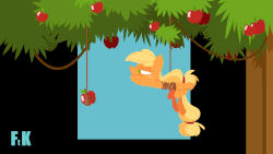 Size: 960x540 | Tagged: safe, artist:fluttershythekind, applejack, earth pony, pony, g4, animated, apple, applejack is not amused, female, food, hatless, lidded eyes, mare, missing accessory, no pupils, rope, silly, silly pony, solo, that pony sure does love apples, tied up, tree, unamused, who's a silly pony