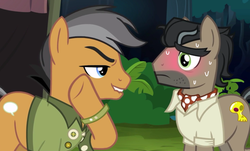 Size: 1280x773 | Tagged: safe, edit, edited screencap, screencap, doctor caballeron, quibble pants, earth pony, pony, g4, stranger than fan fiction, blushing, blushing profusely, bottomless, clothes, duo, male, partial nudity, stallion