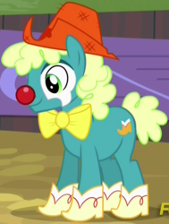 Size: 570x755 | Tagged: safe, screencap, bootblues, earth pony, pony, appleoosa's most wanted, g4, appleloosa resident, background pony, boots, bowtie, clown, clown nose, cropped, hat, red nose, rodeo clown, shoes